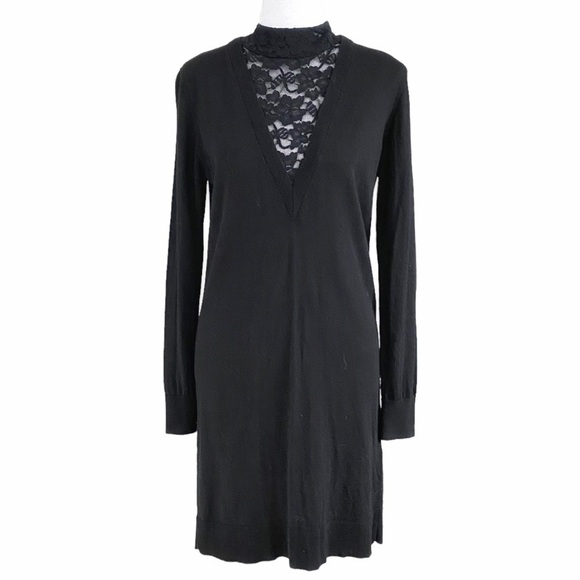 SANDRO BLACK 100% MERINO WOOL KNIT LACE NECKLINE PANEL LONG SLEEVE SWEATER DRESS - Picture 1 of 10